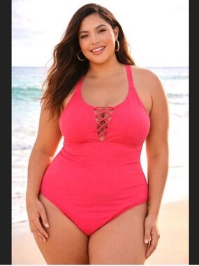 NWT Torrid Neon Coral Wireless Lace-Up One-Piece Swimsuit